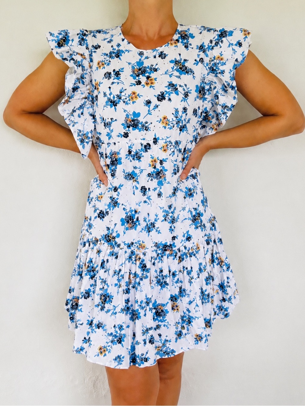 ZARA white blue orange floral ruffle loose fit shift dress size small